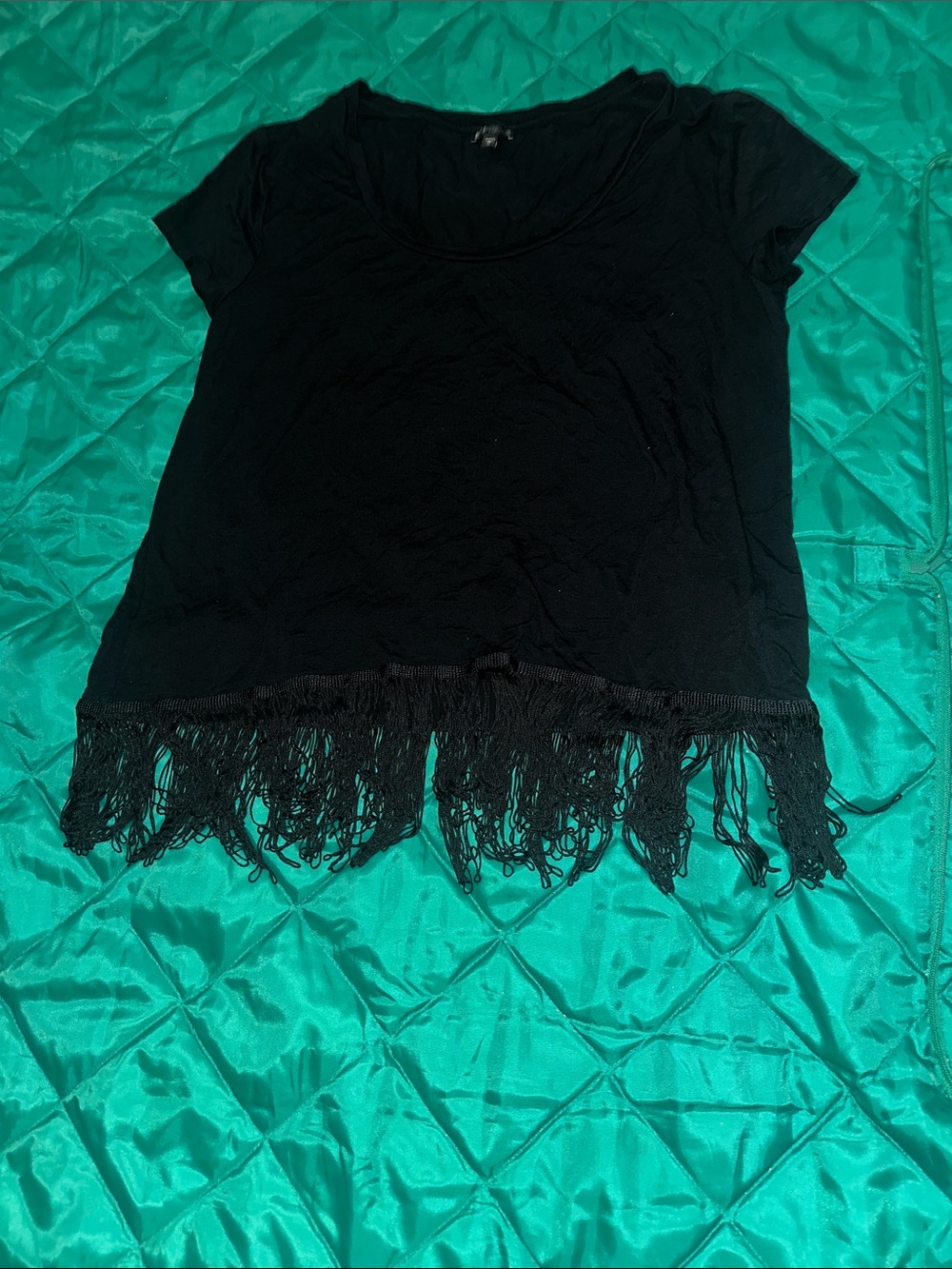 Express Black Short-Sleeve Top with Fringe Trim